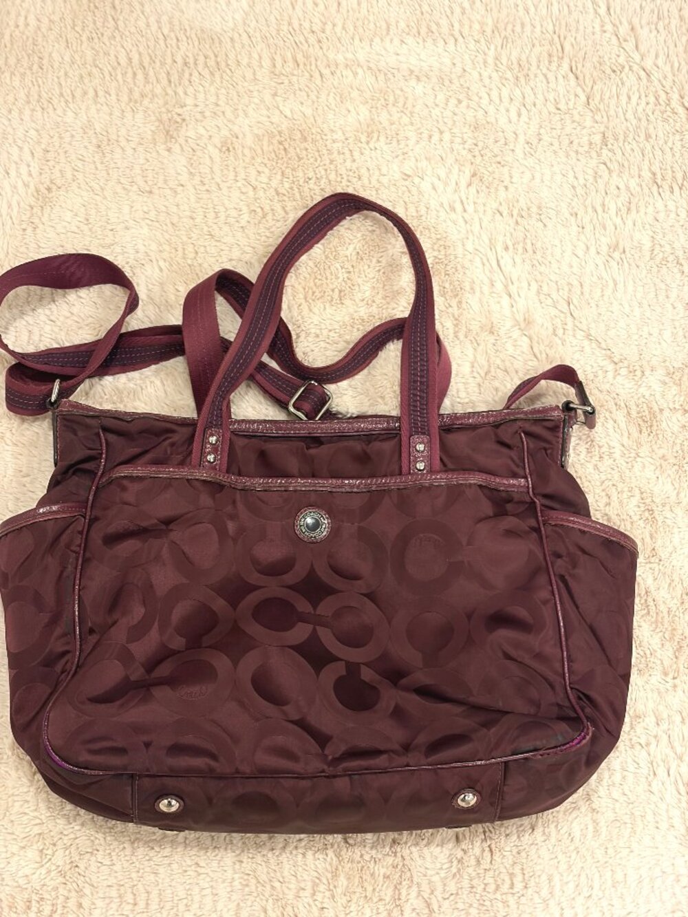 Coach Signature Nylon Crossbody Baby Bag Tote Burgundy 16075 Monogram Travel